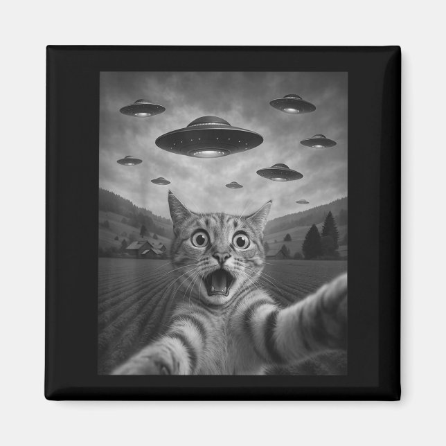 Funny Surprised Ed Cat Selfie With Alien Ufo Cat U Magnet (Vorne)