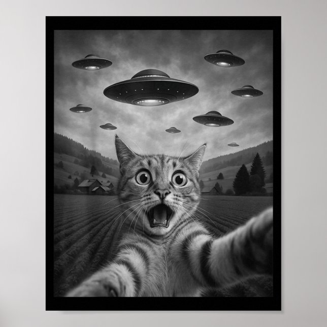 Funny Surprised Ed Cat Selfie With Alien Ufo Cat U Poster (Vorne)