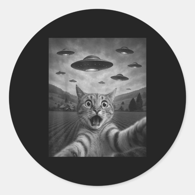 Funny Surprised Ed Cat Selfie With Alien Ufo Cat U Runder Aufkleber (Vorderseite)
