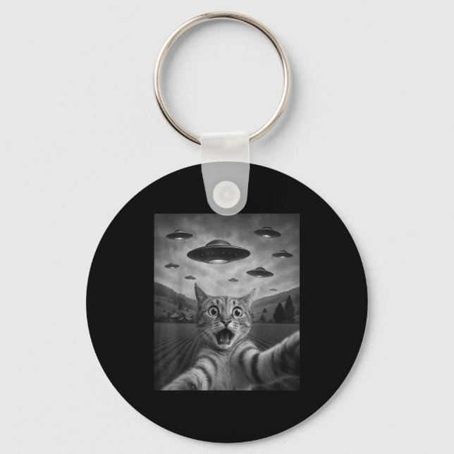 Funny Surprised Ed Cat Selfie With Alien Ufo Cat U Schlüsselanhänger (Vorderseite)