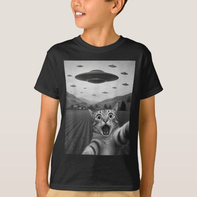 Funny Surprised Ed Cat Selfie With Alien Ufo Cat U T-Shirt (Vorderseite)