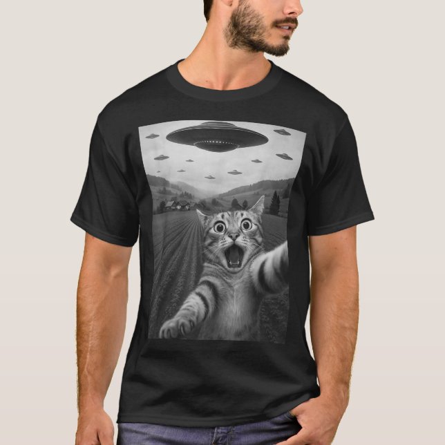 Funny Surprised Ed Cat Selfie With Alien Ufo Cat U T-Shirt (Vorderseite)