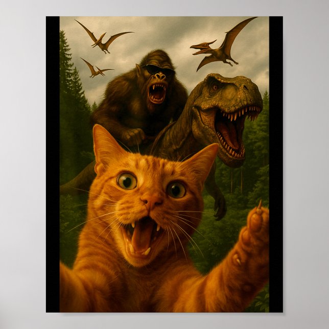 Funny Surprised Ed Cat Selfie With Bigfoot T-rex  Poster (Vorne)