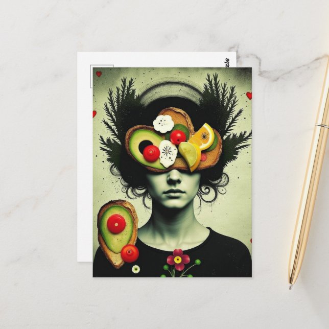 Funny Surreal Avocado Toast woman hearts flowers Postkarte (Vorderseite/Rückseite Beispiel)