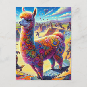 Funny Surreal Llama Skateboarding Postkarte