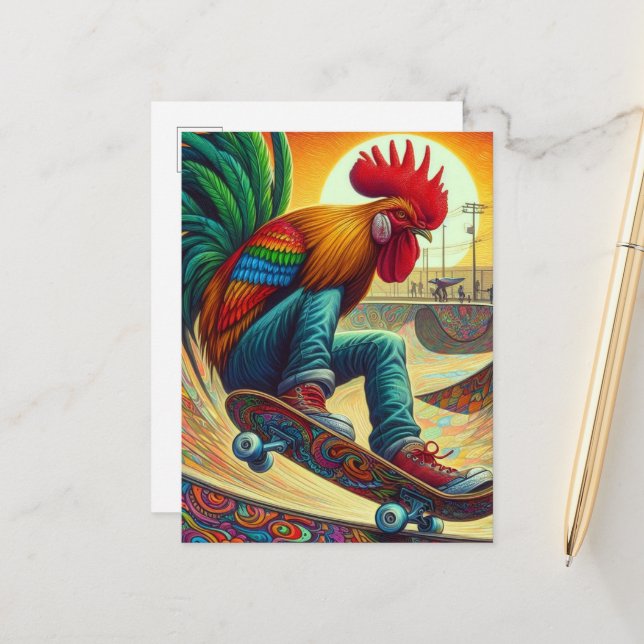 Funny Surreal Skateboarding Rooster Postkarte (Vorderseite/Rückseite Beispiel)