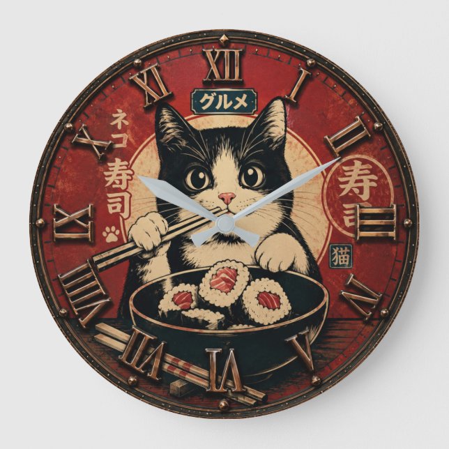 Funny Sushi Cat Japanese Ramen Kitchen Große Wanduhr (Vorderseite)