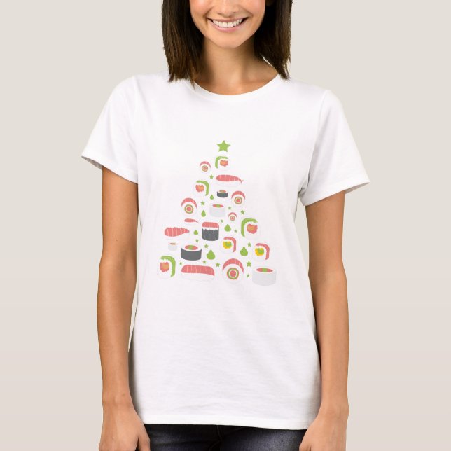 Funny Sushi liebt Weihnachtsbaum hinzufügen Text T-Shirt (Vorderseite)
