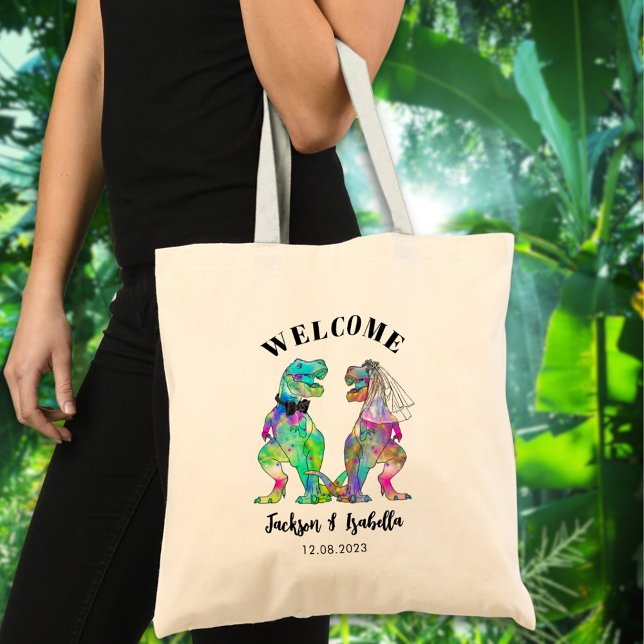 Funny T Rex Braut und Groom Wedding Willkommen Tragetasche (T-Rex bride and groom colorful dinosaur wedding welcome tote bag)