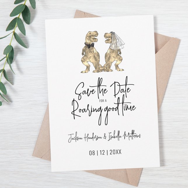 Funny T-Rex Bride und Groom Dinosaur Wedding Save The Date (Funny T-Rex bride and groom dinosaur wedding save the date invitation with modern script)