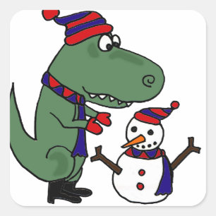 Funny T-Rex Dinosaur Gebäude Snowman Quadratischer Aufkleber