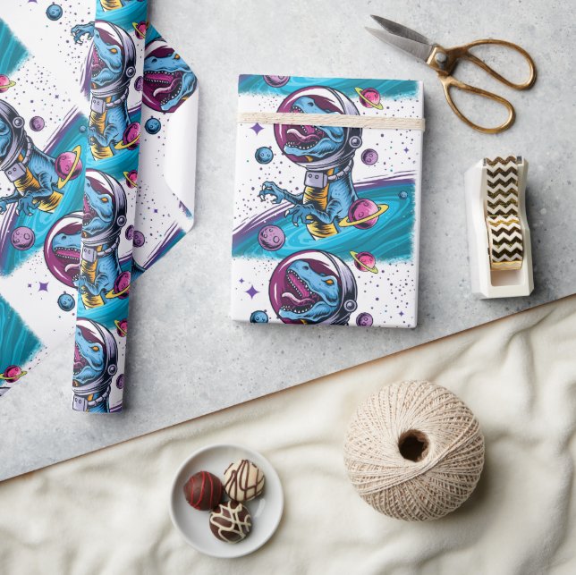 Funny T-Rex Dinosaur im Weltraum Geschenkpapier (Kunsthandwerk)