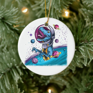 Funny T-Rex Dinosaur im Weltraum Keramik Ornament