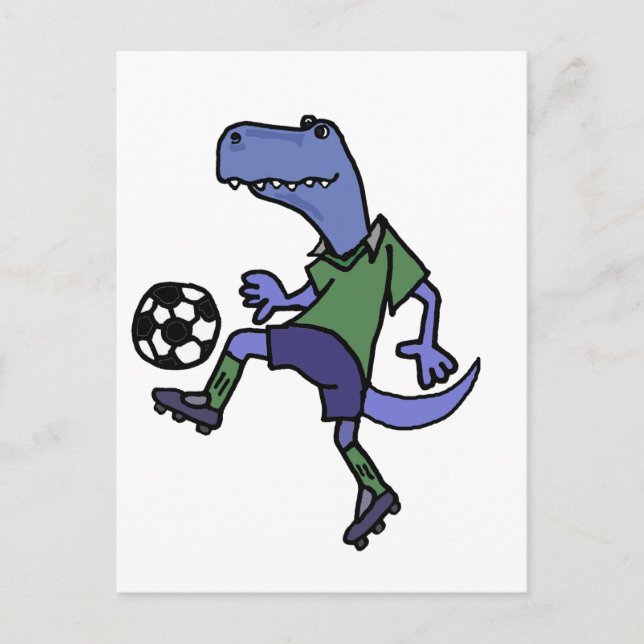 Funny T-rex Dinosaur Playing Soccer Cartoon Postkarte (Vorderseite)