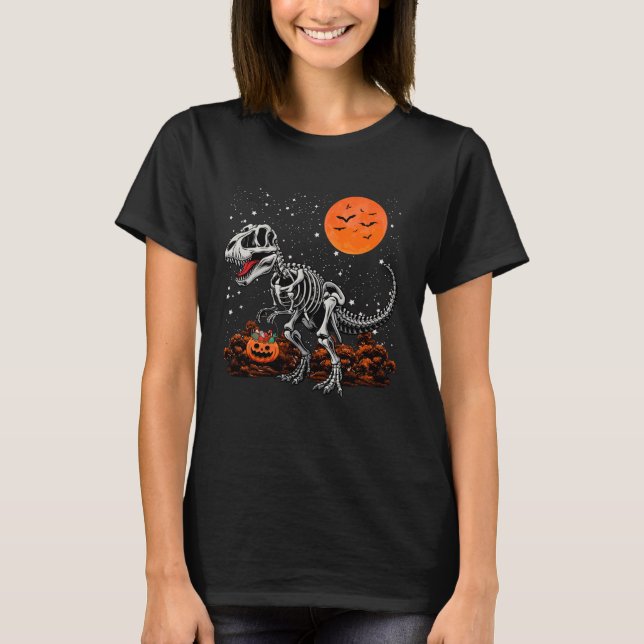 Funny T Rex Dinosaur Skeleton & Pumpkin Halloween  T-Shirt (Vorderseite)
