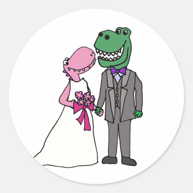 Funny T-rex Dinosaurier Bride und Groom Wedding Runder Aufkleber (Vorderseite)