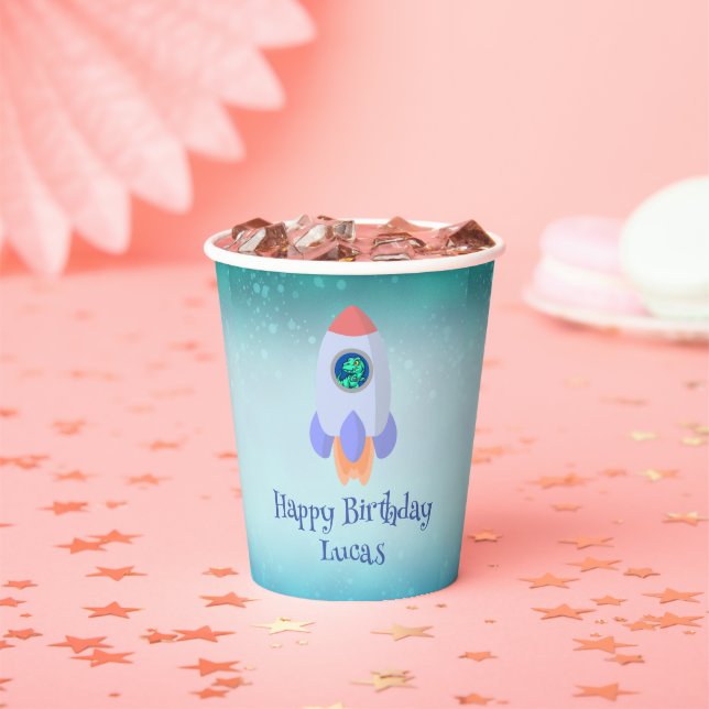 Funny T-rex Dinosaurier Rakete Kind Schulkind Gebu Pappbecher (Insitu)