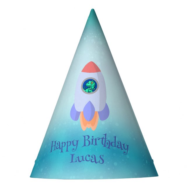Funny T-rex Dinosaurier Rakete Kind Schulkind Gebu Partyhütchen (Vorderseite)