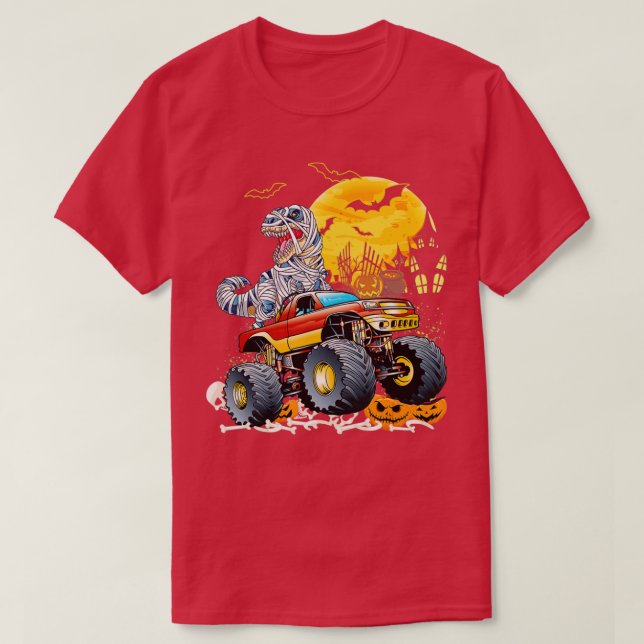 Funny T Rex Saurus Riding Monster Truck Happy Hall T-Shirt (Design vorne)