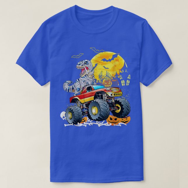 Funny T Rex Saurus Riding Monster Truck Happy Hall T-Shirt (Design vorne)