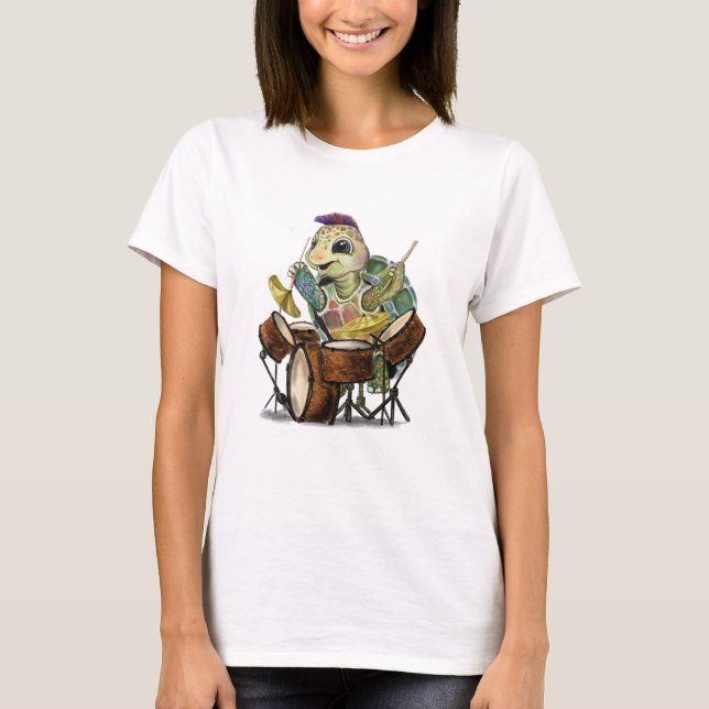 Funny T - Shirt mit Happy Turtle Drummer (Vorderseite)