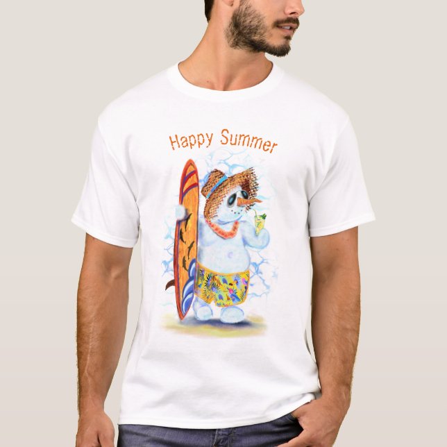 Funny T - Shirt Summer Snowman Surfen - Dein Text (Vorderseite)