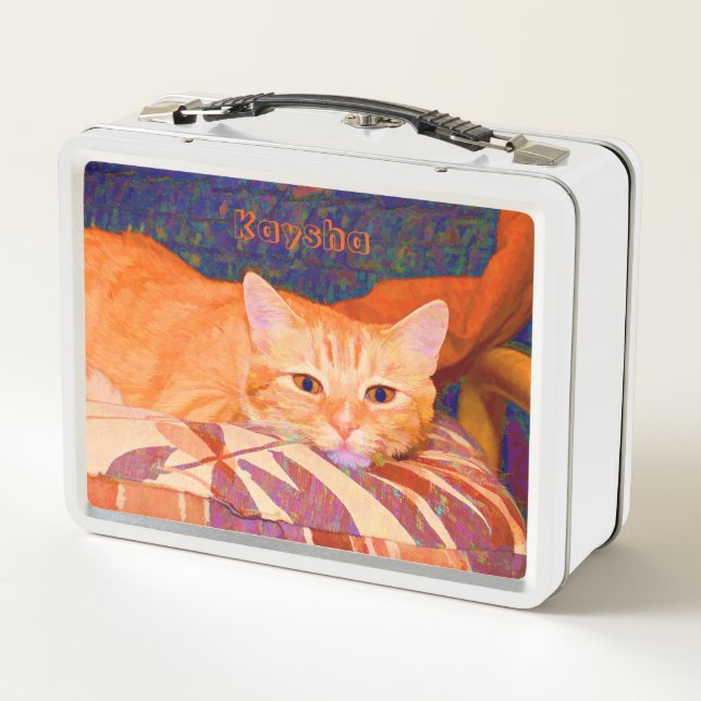 Funny Tabby Cat Bright Orange Niedlich Metall Brotdose (Rückseite)