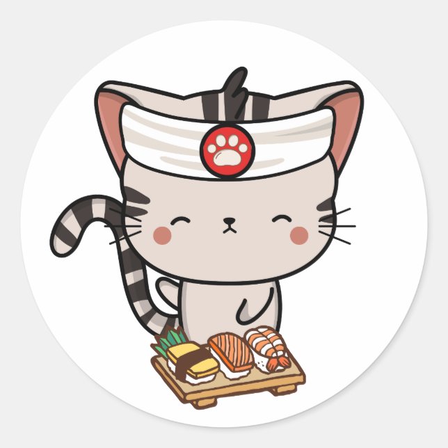 Funny Tabby Cat ist ein Sushi-Koch Runder Aufkleber (Vorderseite)