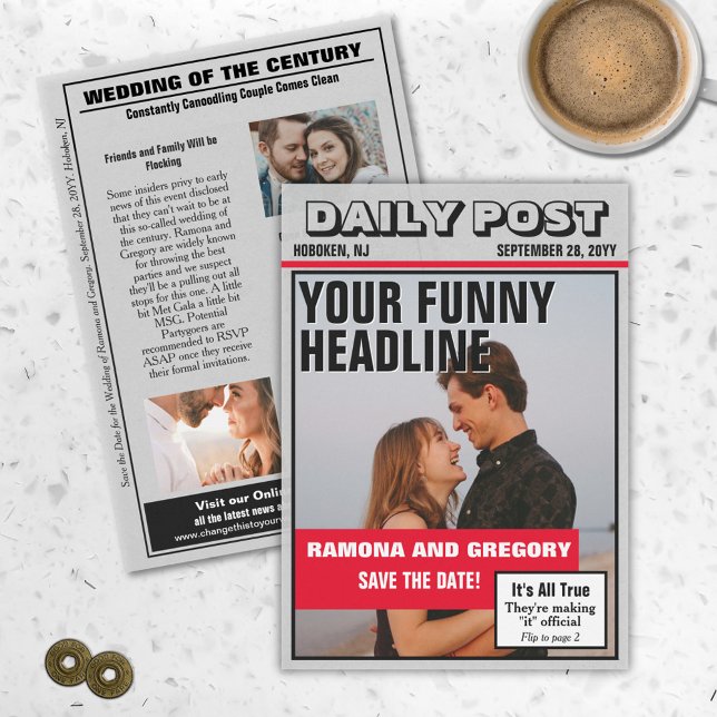 Funny Tabloid Newspapier Wedding Save the Date (Fun funny tabloid newspaper save the date)