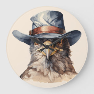 Funny Taube mit Cowboy-Hut, Aquarell Große Wanduhr