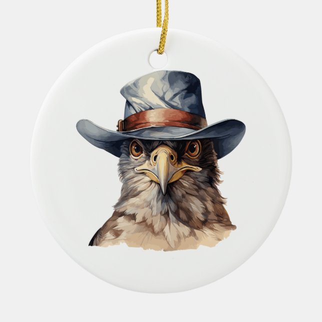 Funny Taube mit Cowboy-Hut, Aquarell Keramik Ornament (Vorne)