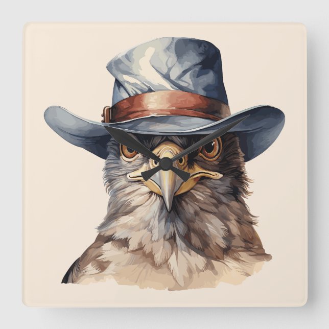Funny Taube mit Cowboy-Hut, Aquarell Quadratische Wanduhr (Vorderseite)