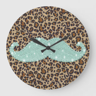 Funny Teal Green Bling Mustache And Animal Print Große Wanduhr