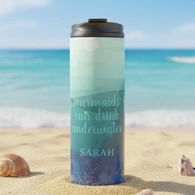 Funny Teal Watercolor Mermaid Thermal Tumbler Thermosbecher (Keep your drinks cool by the ocean. Perfect for beach days and sunny adventures. A summer essential!)