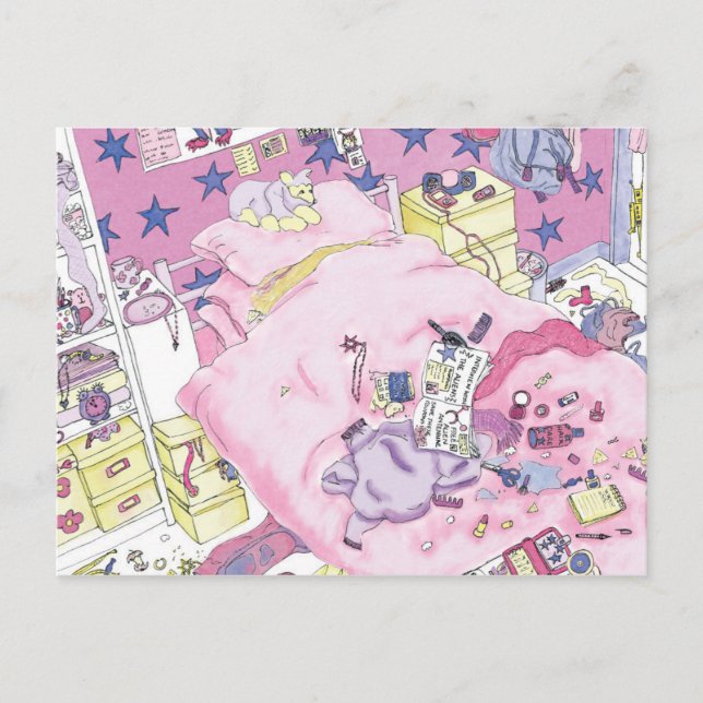 Funny Teenager Girls Messy Zimmer Niedlich Pink Ar Postkarte (Vorderseite)
