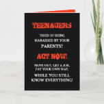 Funny Teenager | Teens Birthday Karte<br><div class="desc">Geburtstagskarte zum Feiern eines Kindes,  das ein Teenager wird. Funny Zitat "TEENAGER müde,  von deinen Eltern belästigt zu werden? TÄTIGEN SIE JETZT! Geh raus,  hol einen Job,  bezahle deinen eigenen Weg,  WÄHREND DU NOCH ALLES WISST!" Entworfen mit den Warnfarben Schwarz,  Rot und Weiß.</div>