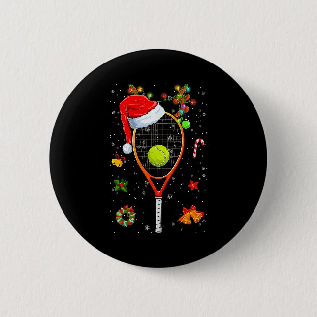 Funny Tennis Racket Reindeer Santa Hat Christmas L Button (Vorderseite)