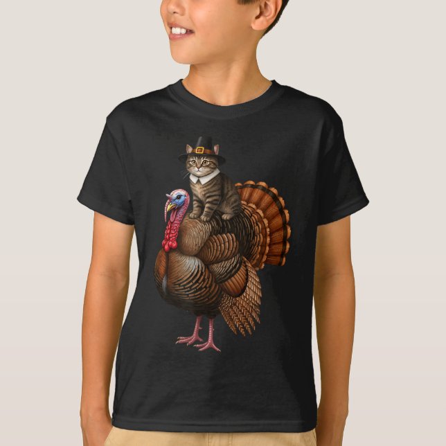 Funny Thanksgiving Cat On Turkey, Lgrim Hat Turkey T-Shirt (Vorderseite)