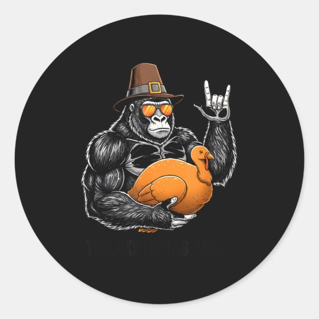 Funny Thanksgiving Gorilla Holding Turkey Lgrim Ha Runder Aufkleber (Vorderseite)