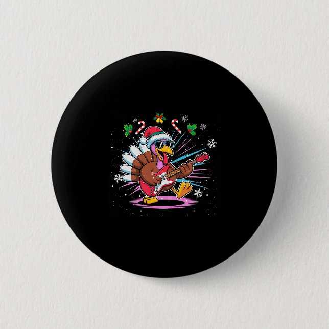 Funny Thanksgiving Santa Hat Turkey Rock Star Play Button (Vorderseite)