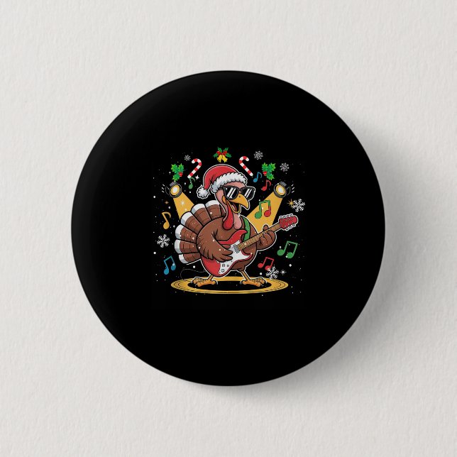 Funny Thanksgiving Santa Hat Turkey Rock Star Play Button (Vorderseite)