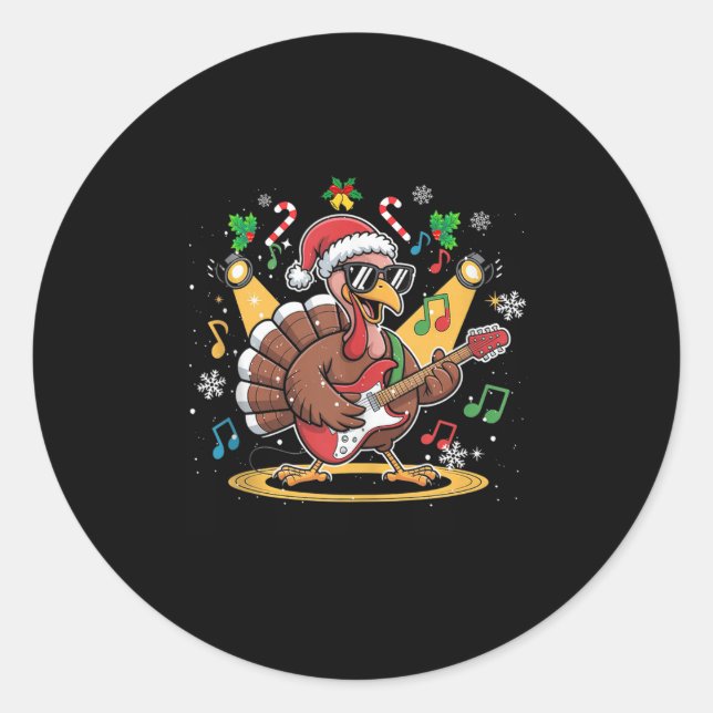 Funny Thanksgiving Santa Hat Turkey Rock Star Play Runder Aufkleber (Vorderseite)