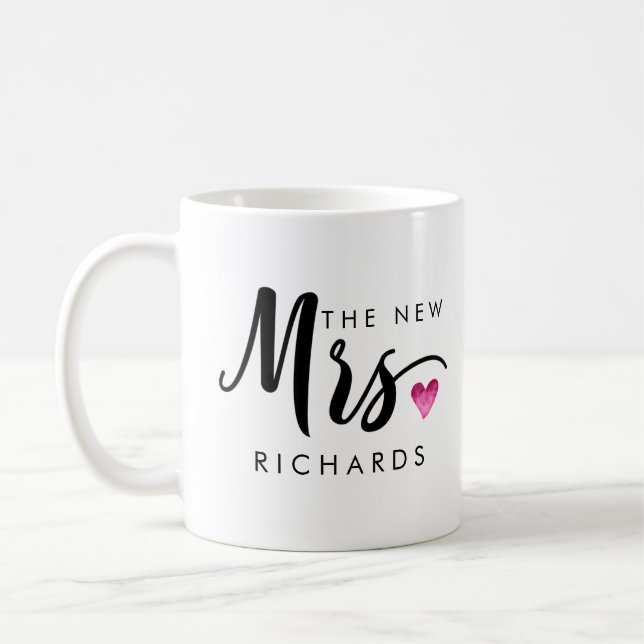 Funny THE NEW MRS Typografie rosa Aquarellherz Kaffeetasse (Links)