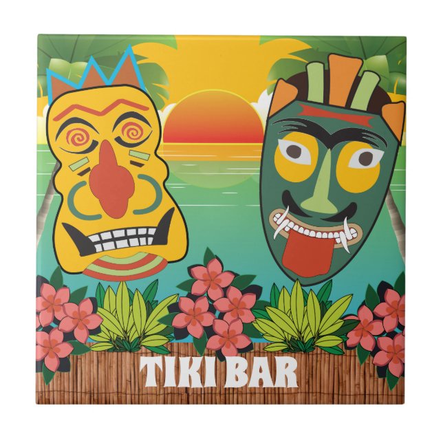 Funny Tiki Faces mit tropischem Sonnenuntergang Fliese (Vorderseite)