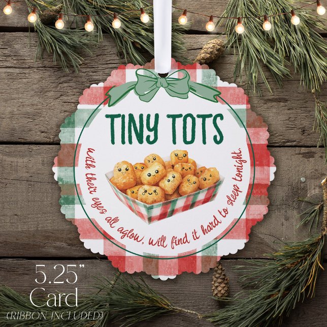 Funny Tiny Tots Holiday Humor Merry Christmas  Ornament Karte (Funny tiny tots watercolor plaid bow tater tot smiles Holiday humor Merry Christmas Card Ornament)