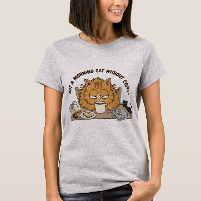Funny Tired Orange Cat Breakfast Illustration T-Shirt (Vorderseite)