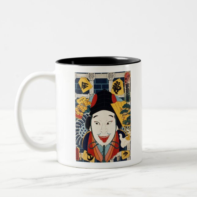 Funny Tongue Out Face von Toyohara Kunichika Zweifarbige Tasse (Links)