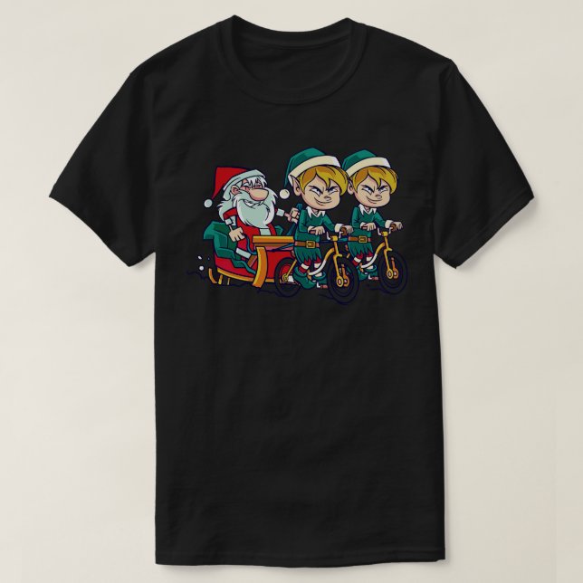 Funny Toon Santa mit Seinen Elfen auf Fahrrädern T-Shirt (Design vorne)