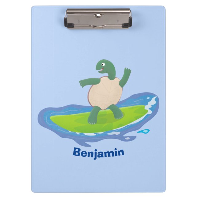 Funny tortoise wave surfing Cartoon Klemmbrett (Vorderseite)