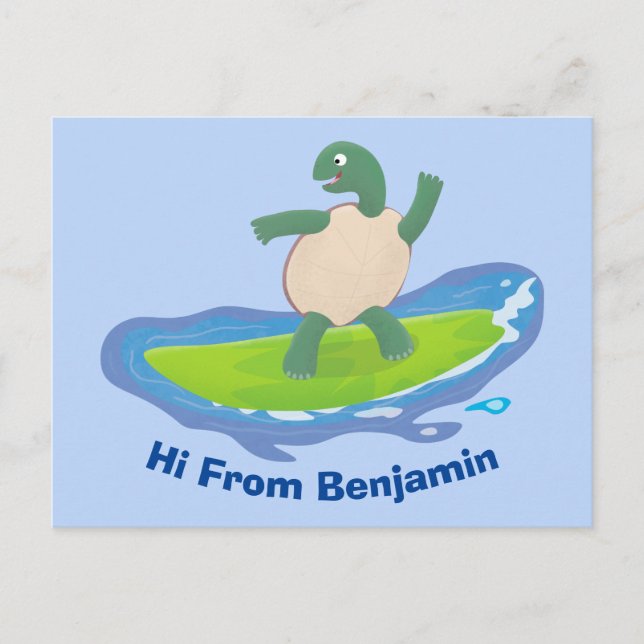 Funny tortoise wave surfing Cartoon Postkarte (Vorderseite)